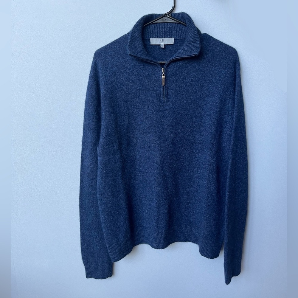 Qi New York 100% Cashmere Blue Quarter Zip Pullover Sweater
